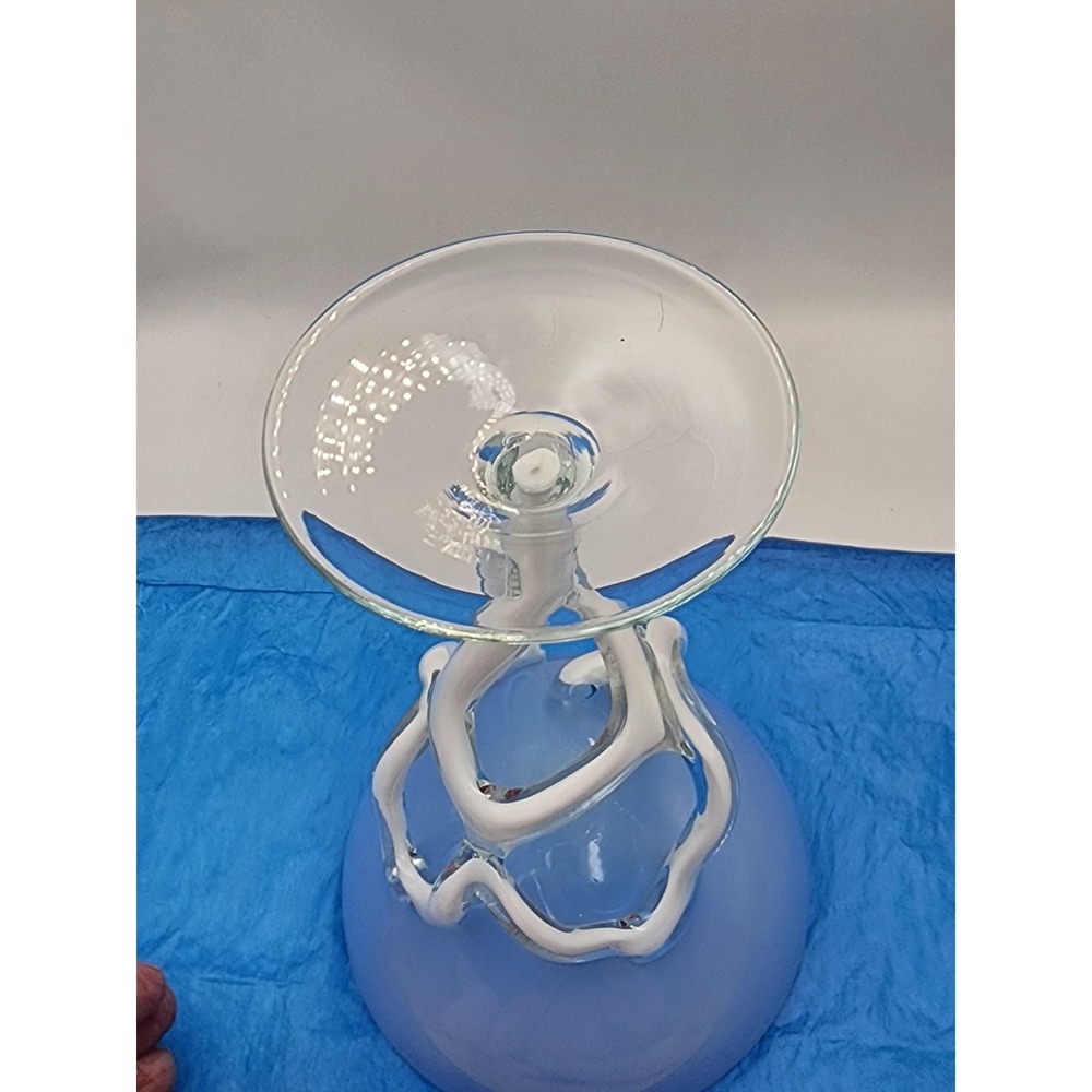 Artisan Hand Blown Frosted Blue Glass Coupe Abstract Sculptural Stem Compote - Picture 4 of 7
